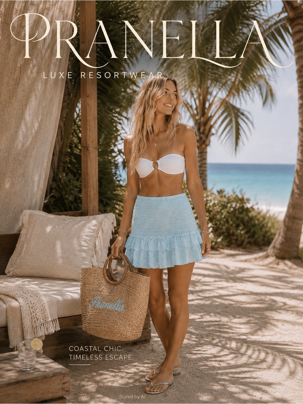 Pranella Luxe Resortwear Smocked Ruffle Mini Skirt Coastal Chic Euro- Large